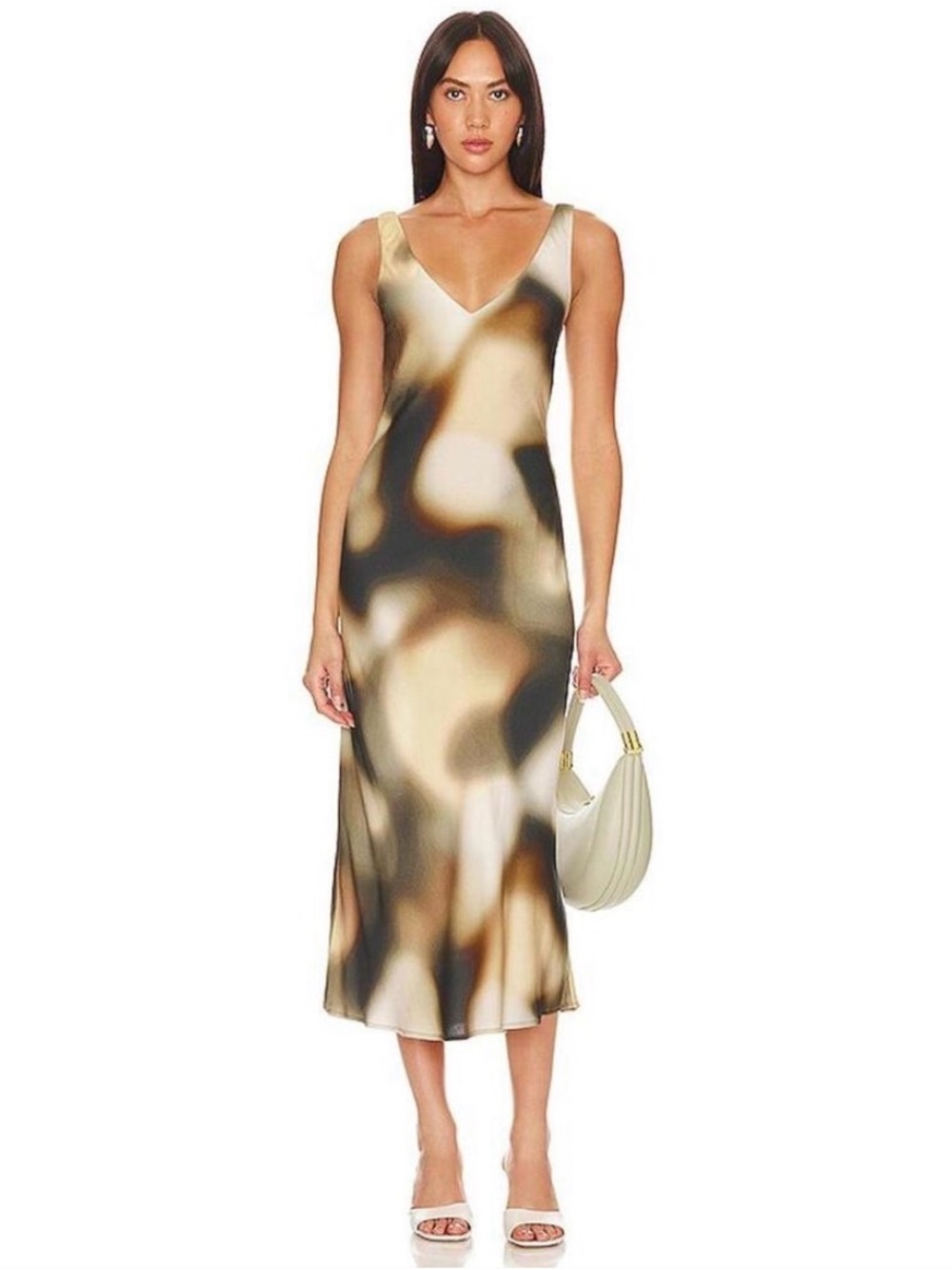 LNA Multitone V-Neck Slip Midi Dress in Beige and Brown